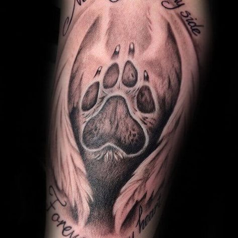 Dog With Wings Tattoo, Dog Paw Tattoo Ideas, Paw Tattoo Ideas, Dog Print Tattoo, Pitbull Tattoo, Tribute Tattoos, Dog Memorial Tattoos, Pawprint Tattoo, Dog Paw Tattoo