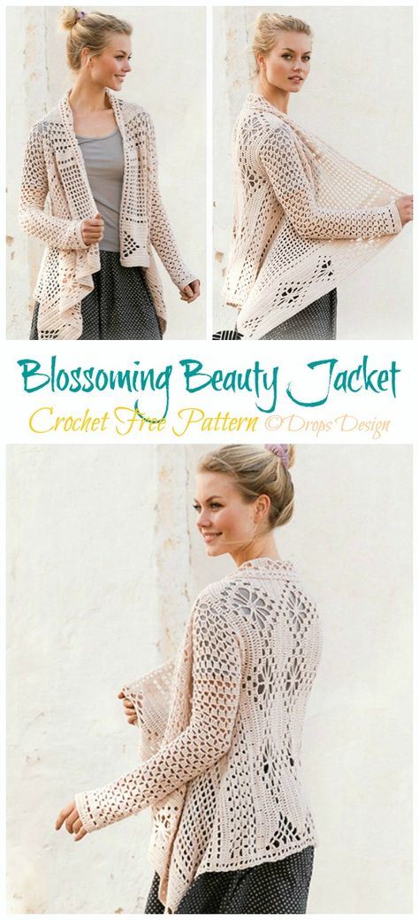 Blossoming Beauty Lace Granny Square Jacket Crochet Free Patterns - Spring&Summer Women #Cardigan; Free #Crochet; Patterns Lace Granny Square, Lace Cardigan Pattern, Granny Square Jacket, Square Jacket, Jacket Crochet, Crochet Free Patterns, Crochet Sweater Pattern Free, Lacy Tops, Crochet Clothes For Women