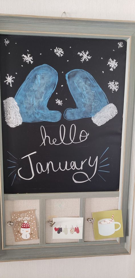 Chalkboard Designs January, Winter Chalkboard Art Easy, Monthly Chalkboard Ideas, Chalk Bored Designs, New Years Chalkboard Art, January Chalkboard Art, January Chalkboard Ideas, Winter Chalk Art, New Year Chalkboard Art