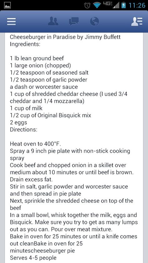Jimmy Buffet- Cheeseburger in Paradise Casserole Cheeseburger In Paradise, Hamburger Dishes, Cheeseburger Pie, Celebrity Recipes, Hamburger Casserole, Jimmy Buffet, Bisquick Recipes, Ground Beef Dishes, Ground Meat Recipes