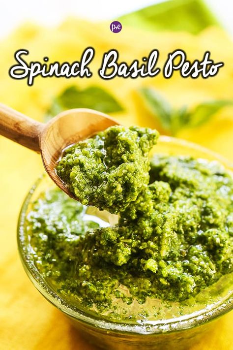 Spinach Basil Pesto, Homemade Basil Pesto, Pesto Sauce Recipe, Pine Nut Recipes, Basil Pesto Sauce, Homemade Pesto Sauce, Basil Pesto Recipes, Summer Bbq Recipes, Creamy Salad Dressing