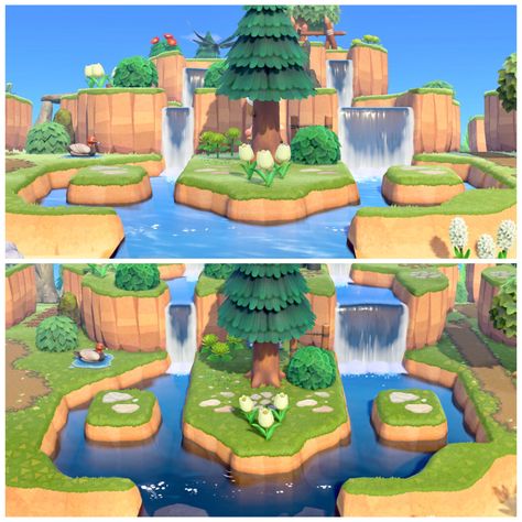 Animal Crossing River Design, Animal Crossing Water Fall Ideas, River Acnh Ideas, Acnh River End Ideas, Rivers Animal Crossing, Cliff Ideas Animal Crossing, Animal Crossing Forestcore Entrance, Acnh South River Mouth Ideas, River Mouth Ideas Animal Crossing