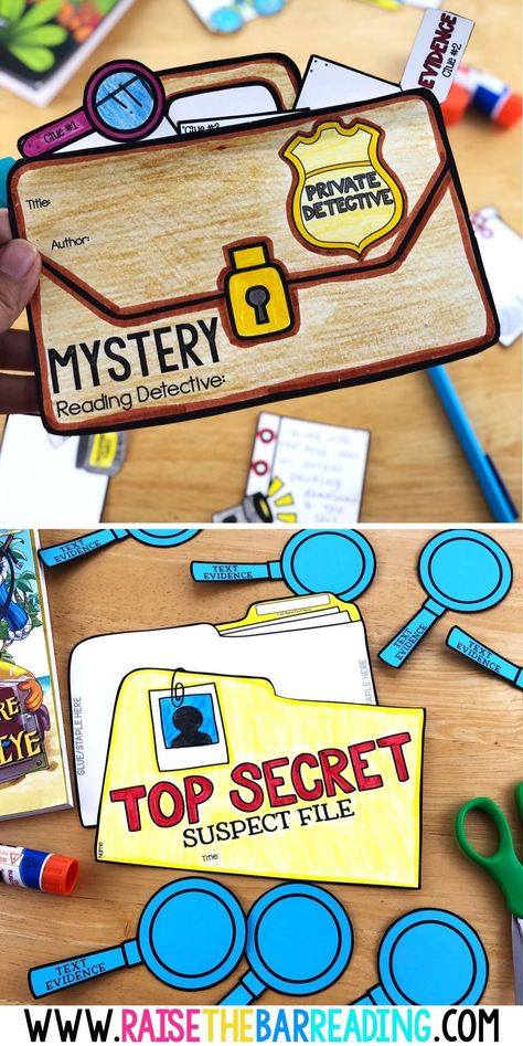 mystery unit Mystery Book Report Projects, Mystery Crafts For Kids, Instructional Materials For Elementary, Teaching Genre, Raise The Bar Reading, Genre Activities, Mystery Unit, Thematic Teaching, Mystery Crafts