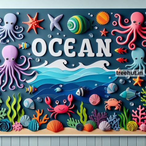 Ocean Bulletin Board Ideas, School Bulletin Board Ideas, Summer Bulletin Board Ocean Theme Decor Classroom, Sea Themed Decorations, Water Theme Bulletin Board, Whale Bulletin Board, Underwater Bulletin Board, Hawaiian Bulletin Board Ideas, Octopus Bulletin Board, Ocean Bulletin Board Ideas, Bulletin Board Ideas Summer