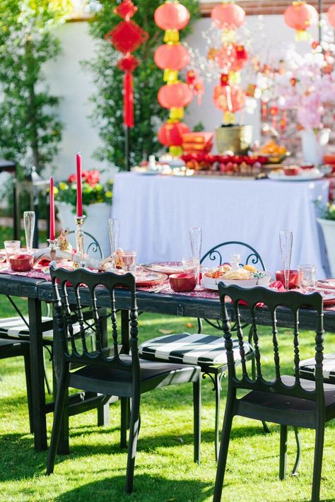 Lunar New Year Tablescape with Pottery Barn: Year of the Dragon New Year Tablescape, Lunar New Year Party, Chinatown San Francisco, New Year's Food, Living In San Francisco, Snack Table, Bar Set Up, New Year Party, Money Trees