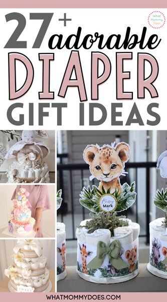 17+ Adorable Diaper Gift Ideas {Practical AND Fun to Give!} - What Mommy Does Diaper Decorations For Baby Shower Diy, Diaper Crafts For Baby Shower Diy, Diaper Display Ideas, Sprinkle Shower Gift Ideas, Diaper Gifts For Baby Showers, Diaper Ideas For Baby Shower Diy, Diaper Party Gift Ideas, Diaper Centerpieces For Baby Shower Diy, Wildflower Diaper Cake