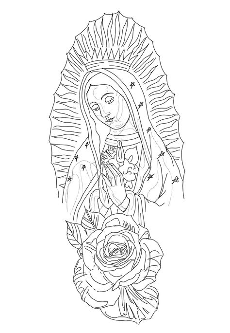 Virgin Mary Tattoo Stencil Outline, Mexican Sleeve Tattoo Men, Virgin Mary Outline Tattoo, Virgin Mary Outline, Virgin Mary Tattoo Stencil, Virgin Mary Tattoo Design, Tat Stencils, Virgin Mary Drawing, Virgen Mary Tattoo