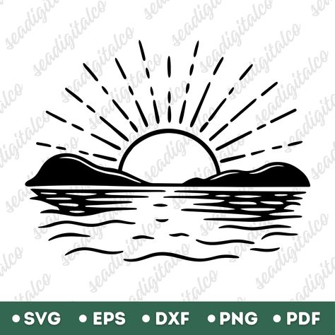 Sunrise Drawing, Sun Svg, Hat Burning, Sun Drawing, Sunset Silhouette, Drawing Vector, Clipart Black And White, Svg For Cricut, Mini Drawings