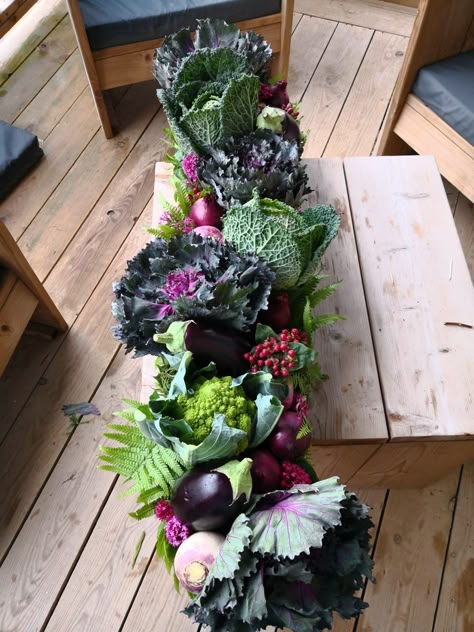 Flower Arrangement With Vegetables, Flowers And Vegetables Arrangements, Vegetable Table Arrangements, Vegetable Flower Bouquet, Cabbage Floral Arrangement, Flower Arrangements With Vegetables, Vegetable Arrangements Floral Design, Vegetable Centerpiece Ideas, Vegetable Wedding Decor