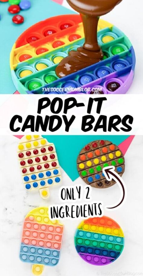 How to make chocolate pop it candy bars, the viral kids recipe trend that are just as much fun to make as they are to eat! Pop It Party Activities, Pop It Chocolate Bar, Pop It Chocolate Mold, Pop It Candy Bar, Diy Pop It Decorations, Candy Making For Kids, Fidget Party Ideas, Pop It Cake Birthday, Pop It Cake Ideas