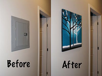 Hide electrical switch box with a canvas painting. It is a lot cheaper than wall art tapestry. Great idea! Hide Electrical Panel, Breaker Box Cover, Cover Electrical Panel, Fuse Box Cover, Electrical Box Cover, Breaker Box, Electric Box, Diy Bird Bath, Basement Floor