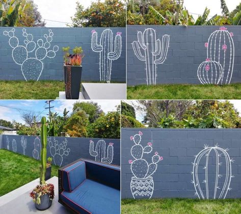 DIY Outdoor Wall Mural Ideas Garden Wall Graffiti Ideas, Block Wall Mural Backyard, Wall Murals Painted Outdoor Brick, Backyard Wall Ideas Paint, Patio Wall Painting Ideas, Cinder Block Mural Ideas, Painted Garden Walls Ideas, Art Deco Mural Diy Wall, Painted Backyard Wall