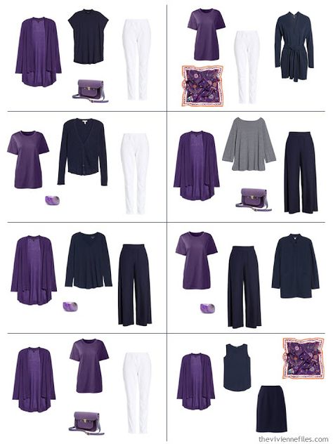 8 outfits in navy and white with ultra violet accents Purple Pants Outfit, Plus Size Minimalist Wardrobe, Capsule Style, Real Women Fashion, Minimalist Wardrobe Capsule, Packing Wardrobe, Capsule Wardrobe Casual, The Vivienne Files, Vivienne Files