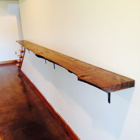 Live edge red oak drink rail. Basement Bar. Pool Table Drink Ledge, Drink Rail Basement, Bar Ledge On Wall Basement, Bar Ledge On Wall, Live Edge Coffee Bar, Drink Ledge, Drink Counter, Black Basement Ceiling, Coffee Bar Shelf