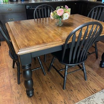 Dark Stain Table With Black Chairs, Black Brown Dining Table, Dining Room Table Two Tone, Stained Table With Black Chairs, Farmhouse Table Black Legs Wood Top, Refinishing Kitchen Island, Black And Brown Kitchen Table, Redoing Oak Table And Chairs, Refurbish Dining Room Table And Chairs