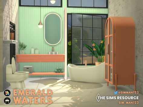 The Sims Resource - Mid-Century Collection - Emerald Waters Bathroom Relaxing Room, Sims 4 Cc Hair, Retro Bed, Tall Shelves, Candles In Fireplace, Furniture Bathroom, Retro Bathrooms, Cozy Spaces, Sims 4 Cc Furniture