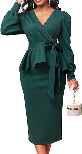 Green Dresses for Women Office Business Sexy Wrap V Neck Long Puff Sleeve Pencil Bodycon Dress Peplum Ruffle Dress with Zipper for Party Night at Amazon Women’s Clothing store Elegant Purple Dresses, Black Business Dress, Cape Dresses, Grammy Dresses, Church Dresses For Women, Purple Bodycon Dresses, Cocktail Club, Vintage Black Dress, Hawaiian Vacation