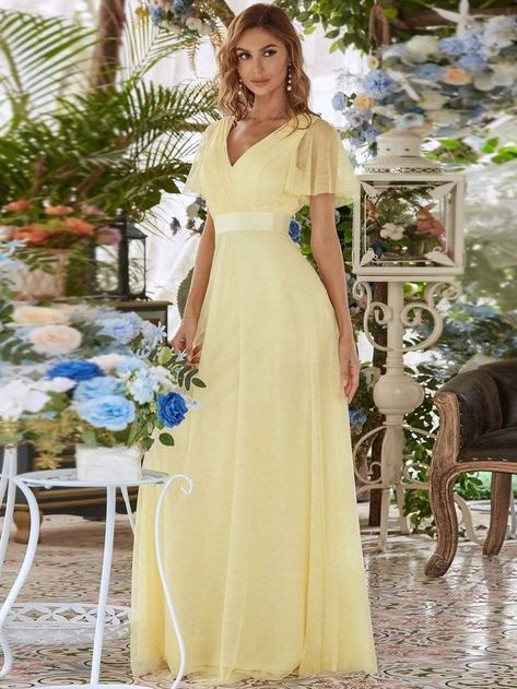 Tulle Bridesmaid Dresses, Short Sleeve Prom Dresses, Short Sleeve Bridesmaid Dress, Yellow Bridesmaid, Tulle Bridesmaid, Bridesmaid Dresses With Sleeves, Yellow Bridesmaid Dresses, Round Neck Casual Dress, Tulle Bridesmaid Dress