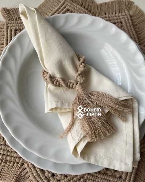 Macrame napkin rings 💫 Add a modern bohemian spirit to your living spaces or your bohemian table decoration. Discover the art of Bohemmana! Join me on this creative journey and let’s share the beauty and originality of art.. Thank you and appreciate you following my page! 🫶 . . . . . . . . #fiberart #mandalamacrame #macrametablerunners #macrametabledecor #roundmacrame #bohotabledecor #bohotablerunner #macrame #macramenapkinrings #macramewallhanging #bohowallhanging #bohointeriors #macram... Macrame Napkin Rings, Macrame Interior, Bohemian Table Decor, Art Macramé, Bohemian Table, Macrame Table, Boho Table Runner, Boho Interiors, Boho Wall Hanging