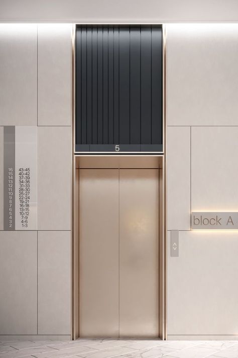 Residential lobby concept featuring "stacked" elevators with soft gold and matte black. Inspiration from Behance. Mall Lift Lobby, Lift Area Design, Lift Lobby Design Commercial, Lift Lobby Design Residential, Lift Wall Cladding Design, Lift Cladding, Lobby Design Residential, Building Entrance Lobby, Alp Arslan