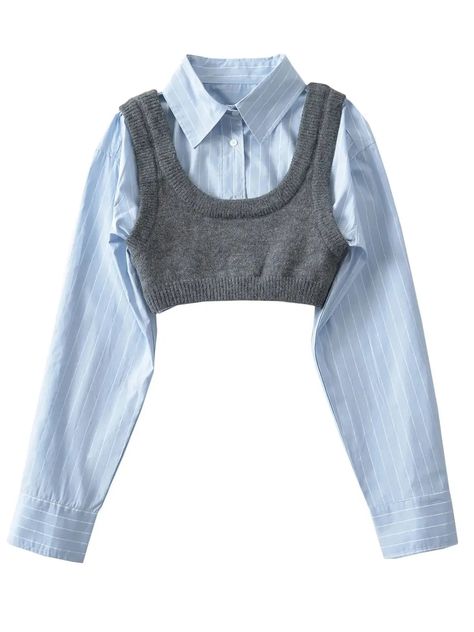 45422685061373|45422685094141 Shirt With Knitted Vest, Knitted Vest, Cropped Shirt, Vest Shirt, Summer Fabrics, Crop Shirt, 2 Piece Set, Look Chic, Fashion Tops