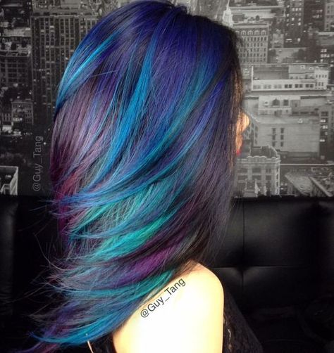 Bright oil slick                                                                                                                                                                                 Mehr Blue And Purple Hair, Oil Slick Hair, Blue Purple Hair, Opal Hair, Galaxy Hair, Rainbow Hair Color, Teal Hair, Guy Tang, Christina Perri