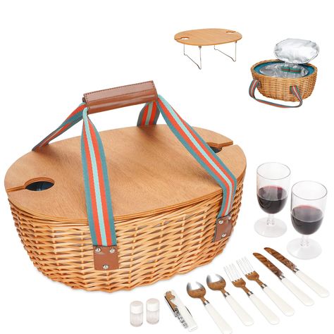 PRICES MAY VARY. Patented Large Picnic Basket with Complete Picnic Set：Picnic hamper set is measured by 17" X 13" X 8" and 16.9" X 13" X 6.2" wine table，Including 2 X Stainless steel tableware service set(knife, fork and spoon), 2 X plastic wine glasses, 1 X waiter style bottle opener, 2 salt & pepper shakers. Portable and Lightweight Foldable Picnic Table: The size is 16.9" x 13" x 6.2" , table surface is made of plywood, the foldable support legs are metal, sturdy and durable, easy to carry an Foldable Picnic Table, Portable Picnic Table, Picnic Basket Set, Wicker Hamper, Picnic Hamper, Wicker Picnic Basket, Picnic Baskets, Wine Table, Romantic Picnics