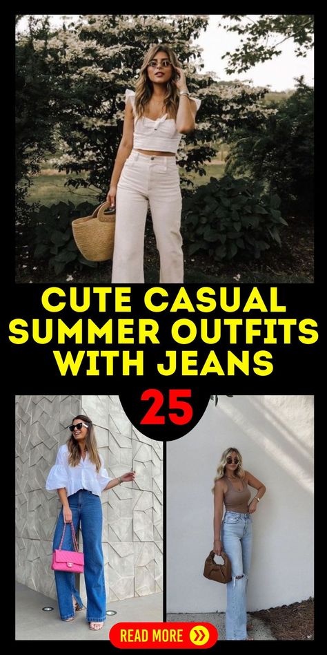 Find cute casual summer outfits with jeans that offer both style and comfort. Women can choose from bootcut, straight leg, or girlfriend jeans and pair them with casual tops like crop tops, T-shirts, or bodysuits. Complete your outfit with sneakers or sandals for an effortless street style look. Ideal for summer parties, office wear, or simple everyday outfits, these ideas cater to a variety of tastes and sizes. Casual Summer Jeans Outfit, Casual Lunch Outfit Summer, Bootcut Jeans Outfit Summer, Casual Summer Outfits With Jeans, Lunch Outfit Summer, Simple Everyday Outfits, Summer Outfits With Jeans, Jeans Date Night Outfit, Casual Jeans Outfit Summer