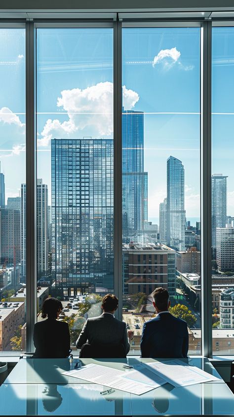 Business Skyline Meeting: Three professionals engaged in a meeting in a modern office overlooking the bustling city skyline. #office #city #meeting #skyline #windows #aiart #aiphoto #stockcake ⬇️ Download and 📝 Prompt 👉 https://ayr.app/l/nR1B New York Corporate Aesthetic, Corporate World Aesthetic, Corporate Meeting Aesthetic, City Office View, New York Office View, Apartment Skyline View, Office Meeting Room, Modern Office Space, Sunrise Photos