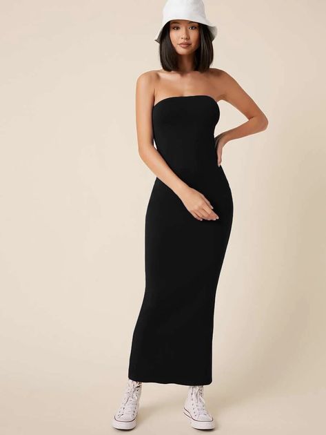 Solid Bodycon Maxi Dress | SHEIN USA Bodycon Maxi Dress Outfit, Long Tube Dress, Shein Basics, Plain Maxi Dress, Grad Ideas, Bodycon Maxi Dress, Striped Tunic Dress, Maxi Dress Outfit, Black Dress Outfits