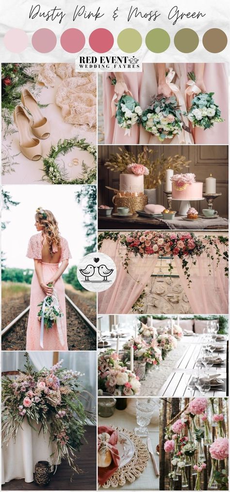 Unusual Wedding Colour Schemes, Green Wedding Colour Palettes, Powder Pink Wedding, Moss Green Wedding, Pink Wedding Color Scheme, Pink And Green Wedding, Wedding Palettes, Wedding Color Schemes Summer, Wedding Theme Color Schemes