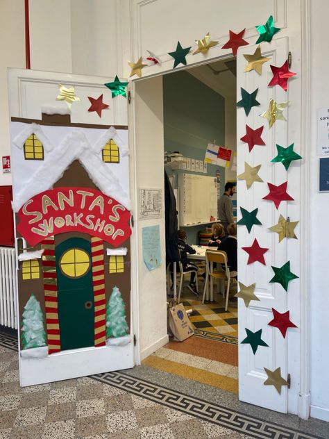 Santa’s Work Shop Door Decor, North Pole Door Decorating Contest, Santa Workshop Classroom Door, Santa’s Workshop Classroom Door, Santa Workshop Door Decorations, School Door Decorations For Christmas, Christmas Toy Store, Door Decorations Classroom Christmas, Room Parent