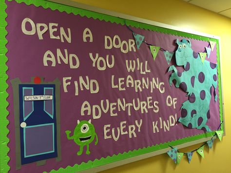 Monsters Inc. Adventure Bulletin Board- New semester RA Monster Ink Classroom Theme, Monsters University Classroom Theme, Disney Welcome Back Bulletin Board, Monster Inc Bulletin Board, Monsters University Bulletin Board, Monsters Inc Bulletin Board Ideas, Monsters Inc Classroom Door, Monsters Inc Decorations Classroom, Monsters Inc Hallway Decorations