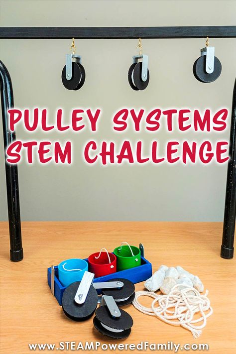 Explore physics and engineering with this Pulley System STEM Challenge and Printable. Using simple tools and materials, students build various types of pulley systems. Dive into some real life STEM as we explore the amazing simple machine: the pulley system. Learn about the different types of pulley systems. Then build various pulley simple machines. A pulley printable workbook is also available to supplement student work. Visit STEAMPoweredFamily.com for all the details. Preschool Pulley Activities, Wheel And Axel Simple Machines, Pulley Experiment For Kids, Simple Machines Projects, Simple Machines Preschool, Simple Machines Projects For Kids, 3rd Grade Science Experiments, Pulley Ideas, Simple Machines Activities