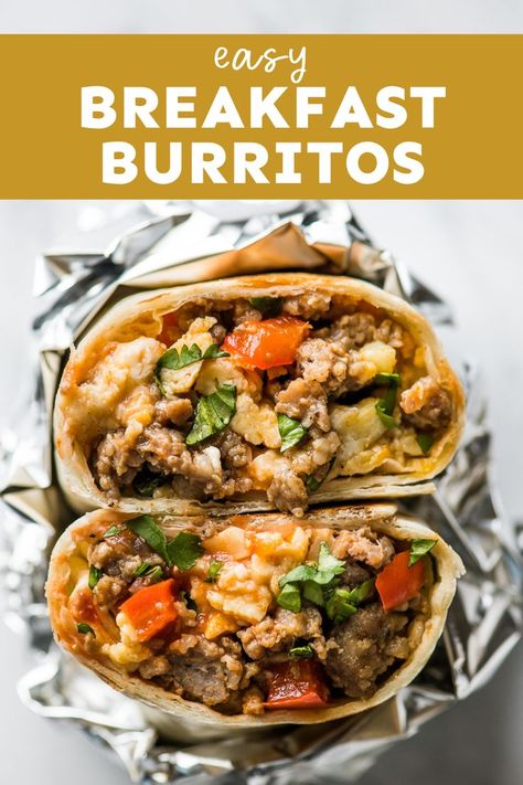 An overhead view of a breakfast burrito cut in half. You can see all of the fillings. Make Ahead Freezer Breakfast, Make Ahead Breakfast Burritos, Easy Breakfast Burritos, Freezer Breakfast Burritos, Isabel Eats, Yellow Bliss Road, Chorizo Breakfast, Breakfast Burritos Recipe, Burrito Recipe