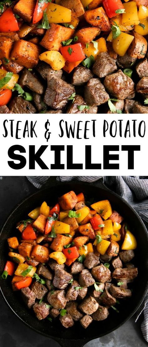 Tender Sirloin Steak, Steak Bites With Sweet Potatoes, Steak And Sweet Potato, Steak Chili Recipe, Sweet Potato Skillet Recipes, Healthy Steak, Veggie Skillet, Potato Skillet, Steak Potatoes