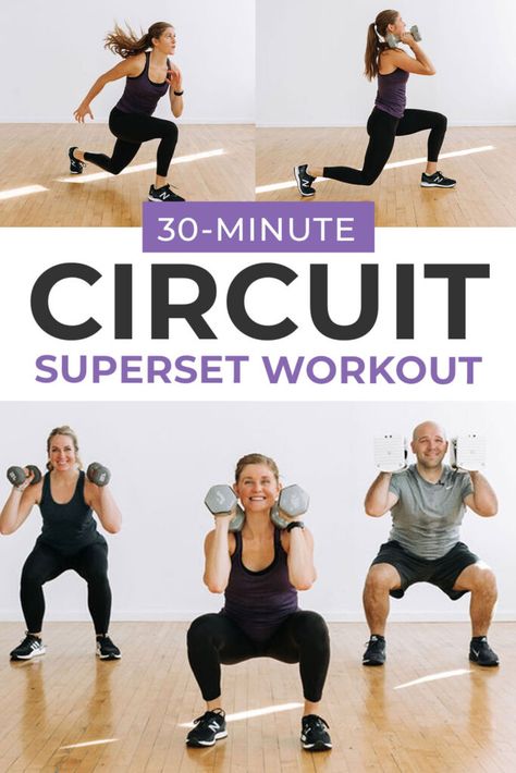 A 30-minute, fat burning, AT HOME CIRCUIT WORKOUT! This time-drop workout alternates dumbbell strength exercises with full body, compound cardio exercises to build muscle and burn calories at home. Circuit training is one of the most efficient forms of exercise to build muscle, burn fat, and lose weight at home. Exercise Circuits At Home, Circuit Training Workouts At Home, Lower Body Circuit With Weights, Circuit Training Exercises, Strength Training Class Ideas, Circuit Training At Home, Circuit Class Ideas, Strength And Cardio Workouts, Small Group Workout Ideas