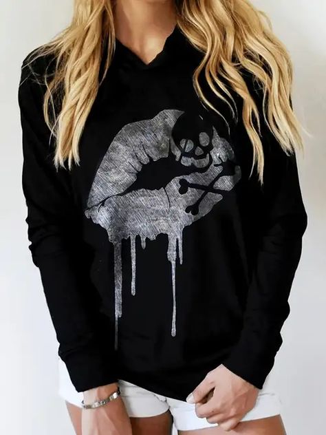 Temu | Explore the Latest Clothing, Beauty, Home, Jewelry & More Printed Hoodies Sweatshirts, Skull Hoodie, Womens Fall Dress, Estilo Chic, Long Sleeve Tops Casual, Sweater Collection, Sweaters And Jeans, Skull Print, Long Hoodie