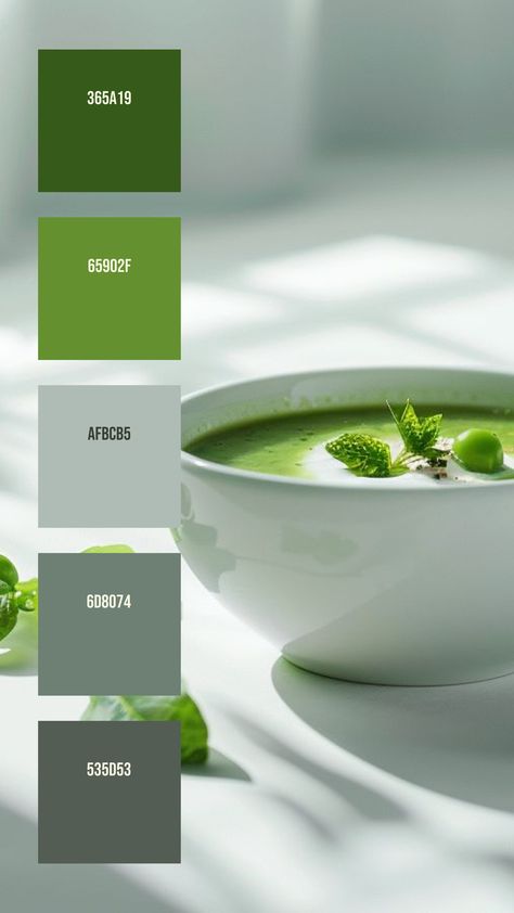 Colors:
365A19
65902F
AFBCB5
6D8074
535D53 Fresh Green Colour Palette, Healthy Color Palette, Colour Palette Green, Calming Backgrounds, Green Pea Soup, Healthy Colors, Background Elements, Mint Leaf, Green Soup