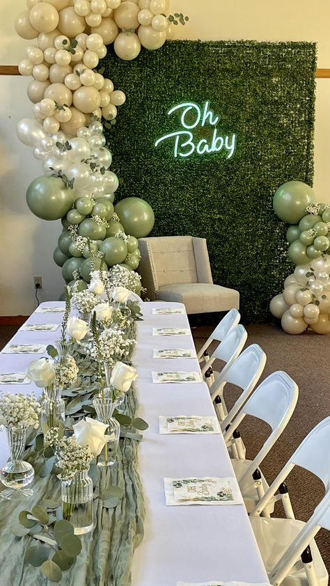 Sage baby shower balloon decor and table centerpeice Green Garden Theme Party, Sage Party Theme, Sage Decorations Wedding, Safe Green Baby Shower Decor, Long Table Baby Shower Decor, Sage Decorations Party, Soft Baby Shower Theme, Neutral Color Baby Shower Decor, Sage And Cream Baby Shower Ideas