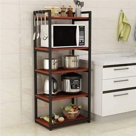 Small Apartment Storage, Metal Storage Shelves, Apartment Storage, Kabinet Dapur, Kitchen Design Decor, Rustic Brown, Kitchen Rack, Storage Shelf, Microwave Oven