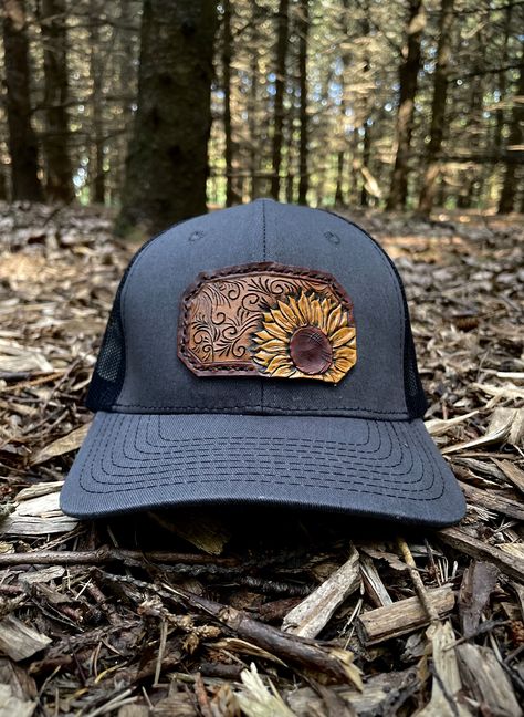 Hand tooled patch Sunflower Hat, Hat Patches, Leather Hats, Leather Patches, Leather Tooling, Leather Working, Belt Buckles, Sunflower, Etsy Seller