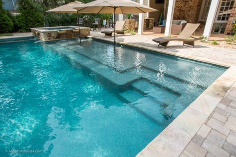 Pool Lounging Shelves - add an element or resort feel into your pool | ATLANTIS POOLS & SPAS, LLC Pools For Entertaining, Rectangle Pool With Round Spa, Pool Bottom Design, Types Of Pools Design, Resort Style Pool Backyards, Pool Shapes Layout, Large Pool Designs, Concrete Pool Ideas, L Shape Pool Ideas