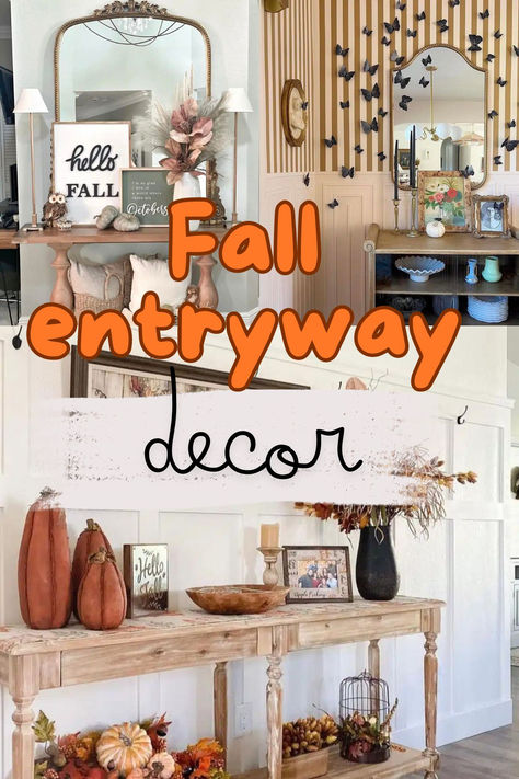 First impressions count here, and your entryway is the perfect place to flaunt those pumpkin and seasonal decor pieces. If you’re looking for some styling inspiration this season, take a look at these 25 gorgeous ideas for fall! Fall Console Table Decor Entryway, Fall Entry Table Decor Entryway, Thanksgiving Entryway Decor, Fall Foyer Table Decor, Thanksgiving Entryway, Fall Decor Entryway Table, Front Hall Decor, Fall Foyer Decor, Fall Console Table Decor