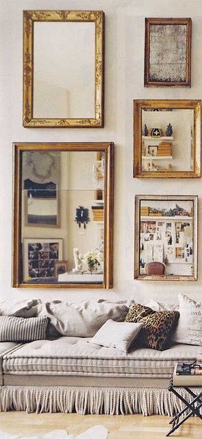 Stacked mirrors over couch - fabulous! Mirror Collage, Boho Interior, Decorating Small Spaces, A Living Room, My New Room, My Dream Home, Scandinavian Style, Home Interior, Interior Inspiration