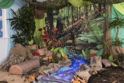 Rainforest backdrop immersive environment, with beautiful light up stream Rainforest Classroom, Dinosaur Classroom, Forest Classroom, Reading Areas, Orange Tissue Paper, Make A Dinosaur, Blowing Up Balloons, Reading Area, Dinosaur Theme