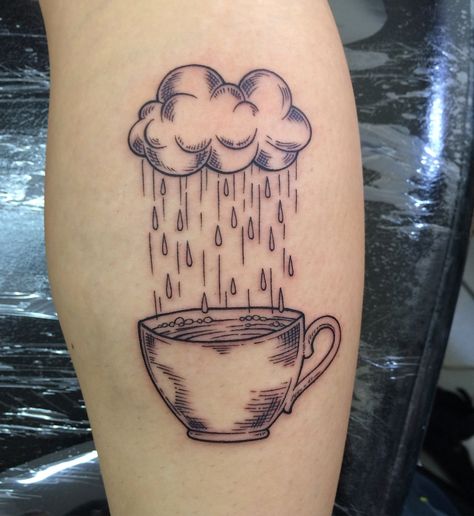 Rain Traditional Tattoo, Clouds In My Coffee Tattoo, Rain Tattoo Small, Storm In A Teacup Tattoo, Raincloud Tattoo, Storm Tattoos, Rain Tattoo Ideas, Shower Tattoo, Rain Cloud Tattoos