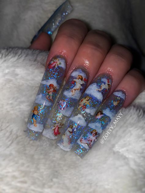 Cherub Nails Designs, Angel Acrylic Nails, Cloud Nails Acrylic, Cherub Nails, Coke Nails, Heaven Nails, Cloud Nails, Gelpolish Nails, Angel Nails