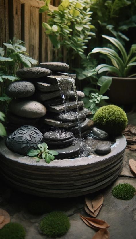 Natural Rock Water Feature, Unique Water Features, Balcony Water Feature, Small Waterfall Ideas, Water Fountains Outdoor Diy, Natural Fountain, Small Indoor Water Fountains, Miniature Garden Ideas, Garden Fountain Ideas