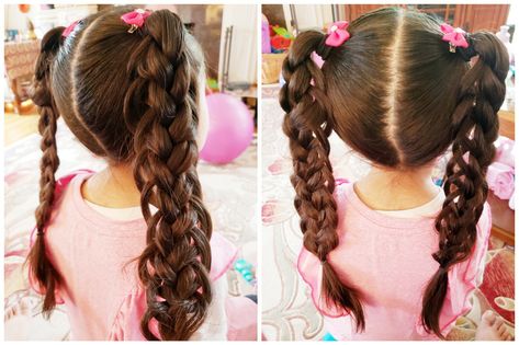 Side looped braided pigtails Brown Hair Pigtails, Brown Hair In Pigtails, Multi Braid Pigtails, Bubblebraid Pigtails, Braided Pigtails, Girls Bubble Braid Pigtails, Pigtail Braids, Character Aesthetics, Hair Wrap